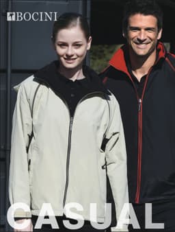 A unisex three-in-one jacket in light beige and black, displayed on a model and a man, with a logo visible.