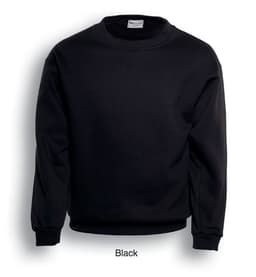 A black unisex crew neck fleece jumper with long sleeves and a casual fit. It features a logo above the neckline.