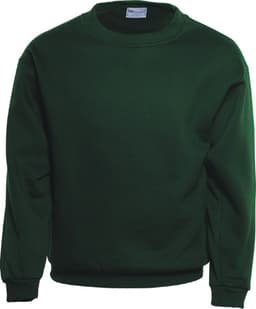 A unisex crew neck fleece jumper in dark green with long sleeves and a simple design. It has a logo on the label.