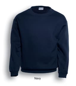 A navy unisex adults crew neck fleece jumper with long sleeves and a fitted waistband. Features a logo.