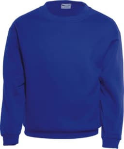 A blue unisex crew neck fleece jumper featuring long sleeves and a simple design with a logo.