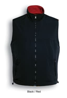 A unisex reversible vest in black with a red interior, featuring zippered pockets and a high collar.