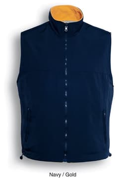A reversible vest in navy and gold with a high collar and two zippered pockets, featuring branding.