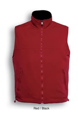 A unisex reversible vest in red and black, featuring a high collar and front zip closure. It has a logo on it.