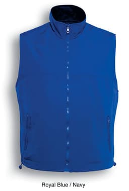 A reversible vest in royal blue and navy, featuring a zip closure and a collar, with a logo present.