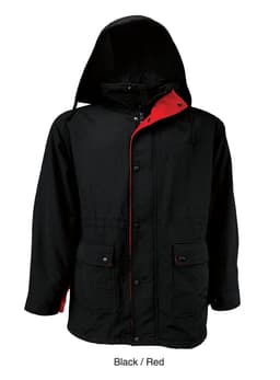 A black and red unisex casual wear jacket featuring a hood and multiple pockets. It has a branding logo.