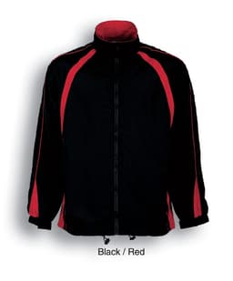 A black and red track suit jacket featuring contrast panels and a zip front, with a logo on the chest.