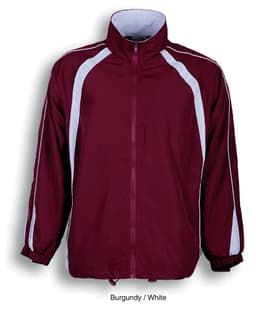 A burgundy track jacket featuring white contrast panels and a front zipper, with an attached collar and elastic cuffs.