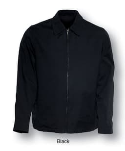 A black unisex adults canvas jacket with a front zip and a collar, featuring a logo.