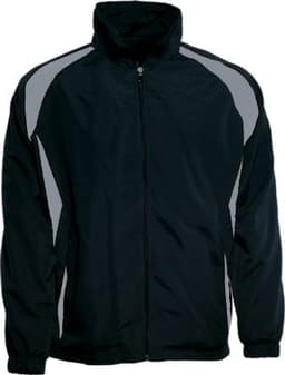A black training track jacket with grey accents, featuring a full front zip and a high collar, includes a logo.