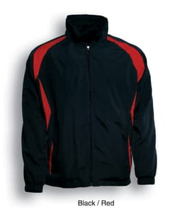 A track jacket in black with red accents, featuring a zip front and elastic cuffs. It has a logo on the chest.
