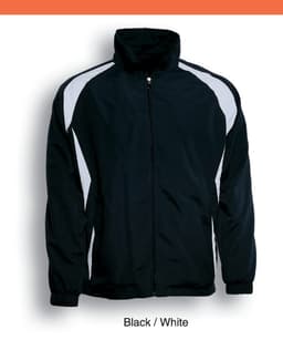 A kids training track jacket in black and white with a zippered front and elasticised cuffs. It features a branding logo.