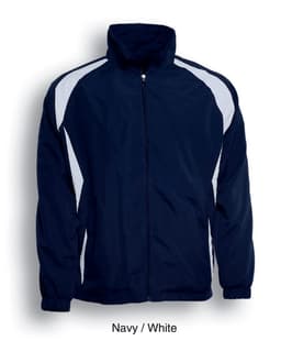 A navy and white kids' track jacket featuring a zip front and a logo. The jacket has elasticised cuffs.