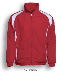 A red and white kids' training track jacket features a zip front and a collar. It includes a logo on the chest.