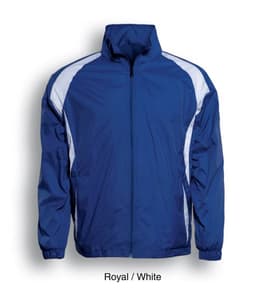 A royal blue and white kids training track jacket featuring a zip front and a logo.