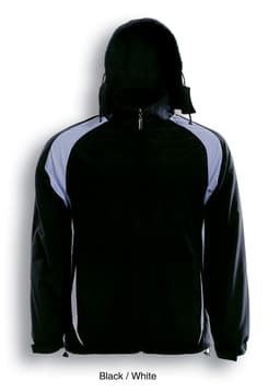 A reversible sports jacket in black and white, featuring a zip closure and a hood. It has contrasting side panels.