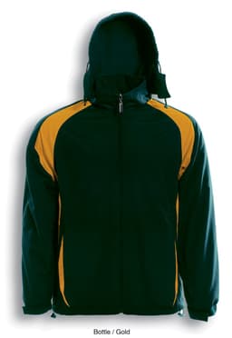 A reversible sports jacket in bottle green and gold, featuring a hood and a logo on the front.