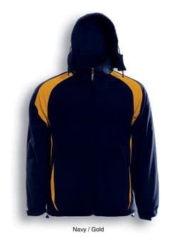 A navy and gold reversible sports jacket with a hood and zipped front, featuring logos on the chest.