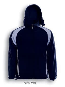 A navy and white unisex reversible sports jacket with a hood and a logo on the front.