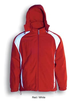 A red and white reversible sports jacket with a hood, featuring a logo and contrasting sleeve detailing.