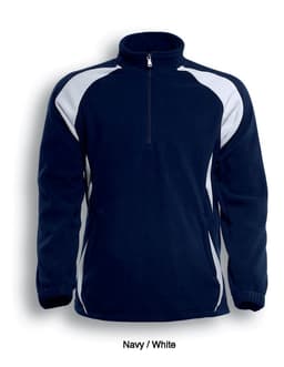 A navy and white unisex fleece pull-over jacket with a half zip and a logo on the chest area.