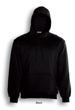A black kids' pullover hoodie with a front pocket and a hood, featuring a logo on the chest.