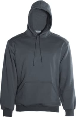 A grey kids' pullover hoodie featuring a front pocket and a drawstring hood, with a small logo on the chest.