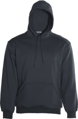 A dark grey kids' pullover hoodie featuring a front pocket and a hood, with a logo on the front.