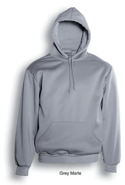 A grey marle kids' pullover hoodie with a front pocket and an adjustable hood. Features a logo.