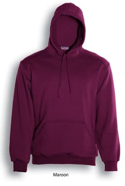 A maroon kids pull over hoodie featuring a front pocket and a hood, showcasing a simple design with a logo.