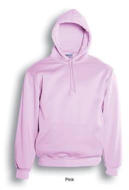 A pink kids pull over hoodie with a front pocket and a hood. It features a logo on the label.