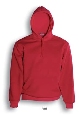 A red kids' pullover hoodie with a front pocket and a hood. It features a logo on the front.