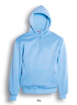 A sky blue kids' pull over hoodie with a front pocket and a hood, featuring a logo.