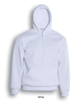 A white kids' pullover hoodie featuring a front pocket and a hood, with a logo displayed.