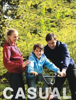 A kids pull over hoodie in blue, worn by a boy riding a bike, alongside a woman and a man in red and navy hoodies.