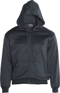 A black fleece hoodie with a zip front and a hood, featuring side pockets and a logo.