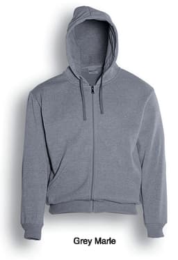 A grey marle fleece hoodie with a zip front and a hood. It has a logo on the chest area.