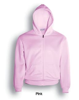 A pink fleece hoodie with a zip front, spacious pockets, and a hood. It features branding on the label.