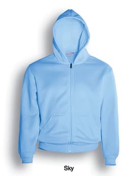 A sky blue zip-through fleece hoodie with a hood and front pockets. It features a logo on the label.