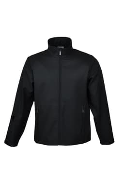A men's soft shell jacket in black featuring a full-length zipper and side pockets. It has a logo on the sleeve.