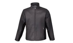 A black men's soft shell jacket with a zip front and high collar, featuring side pockets and a logo.