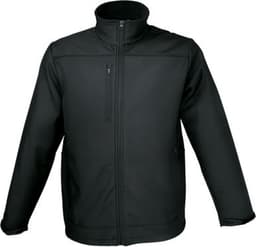 A men's soft shell jacket in black, featuring a zip closure and a high collar. The jacket has one zippered pocket and a branded logo.