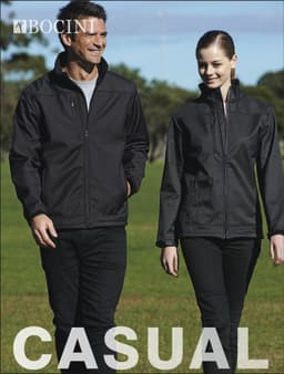 A soft shell jacket in black, worn by a man and a woman, walking on grass in a casual outdoor setting.