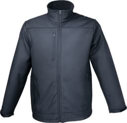 A soft-shell jacket in black with a zippered front and a stand-up collar, featuring a logo on the chest.