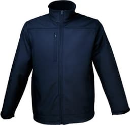 A dark navy soft shell jacket featuring a high collar and a front zip pocket, with a logo on the chest.