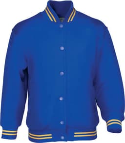 A blue bomber jacket featuring yellow stripes on the collar and cuffs, with a button-up front and a logo.