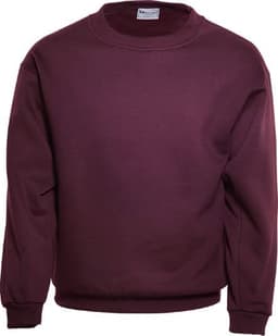 A maroon crew neck fleece jumper with long sleeves and a round neckline. It features a branding logo.