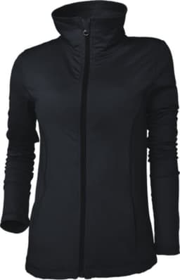 A black kids yoga jacket with a zip front, high collar, and long sleeves. It features a logo on the front.