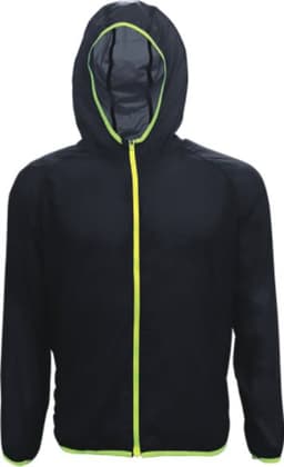 A black unisex wet weather running jacket with a hood and bright yellow trim, featuring a logo on the front.