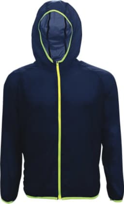 A navy blue unisex wet weather running jacket with a hood and bright yellow zip. It features a logo.
